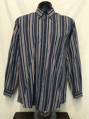 Paul Frederick Men’s Dress Shirt Sz M 100% Cotton Long Staple Blue Stripe